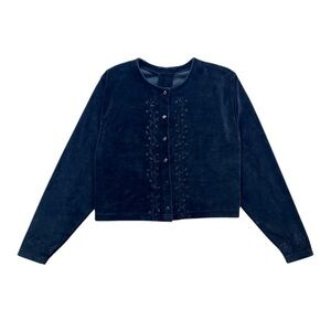 Vintage Black Velour Whimsigoth Long Sleeve Button Down Floral Embroidery Top S